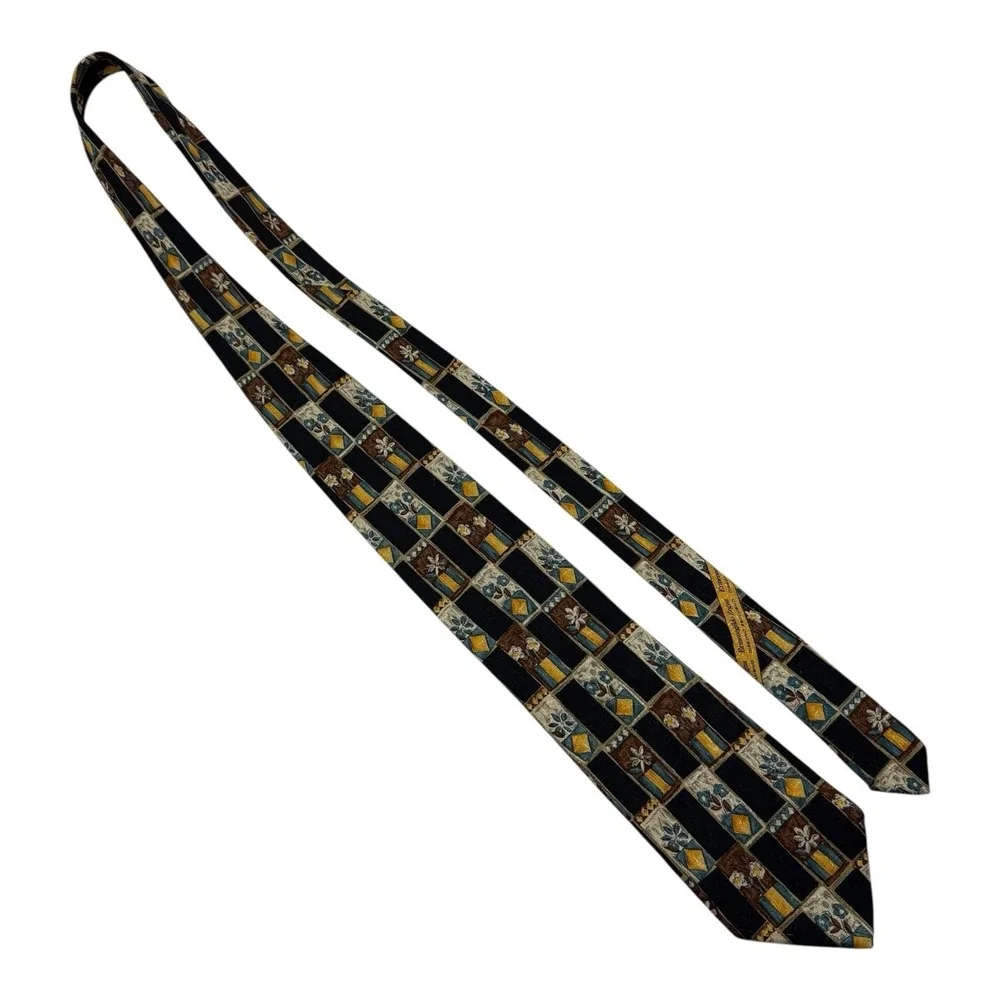 Ermenegildo Zegna‎ Black Silk Tie Potted Flowers Print 3.5x58 Made in Italy